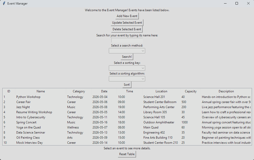 The Python Event Manager program.
